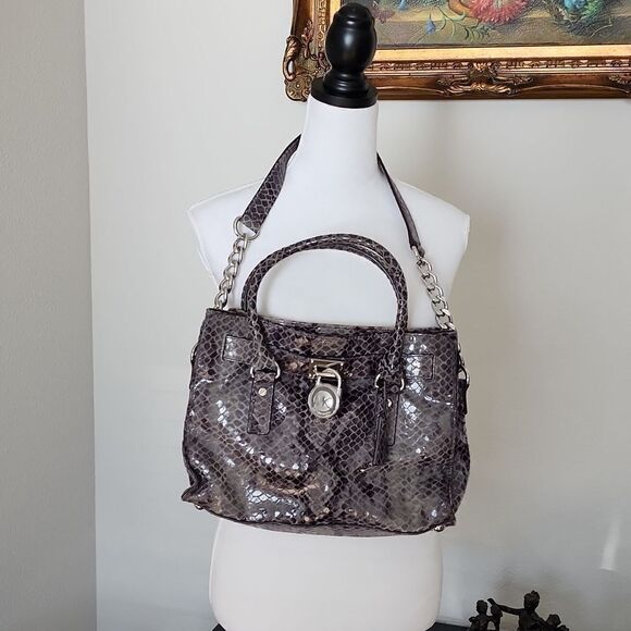 MICHAEL KORS Hamilton Dark Grey Python Snakeskin Prints Small Satchel Bag - Picture 15 of 16